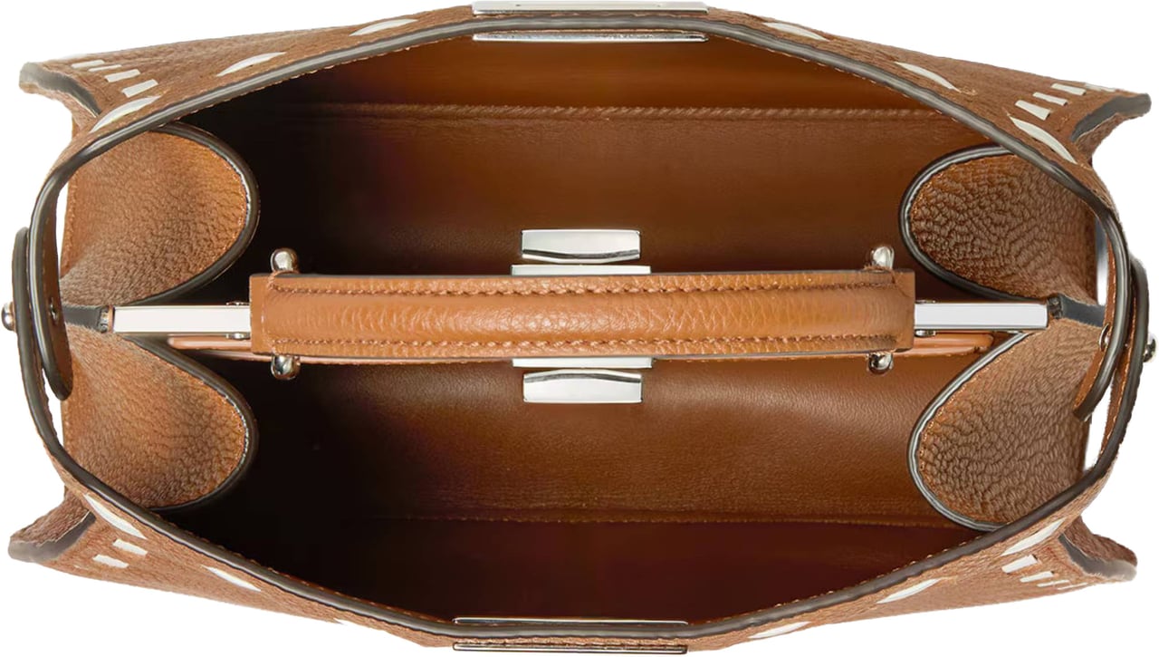 Fendi Trapezoidal Leather Handbag with Stitched Detailing and Silver-tone Closure Bruin