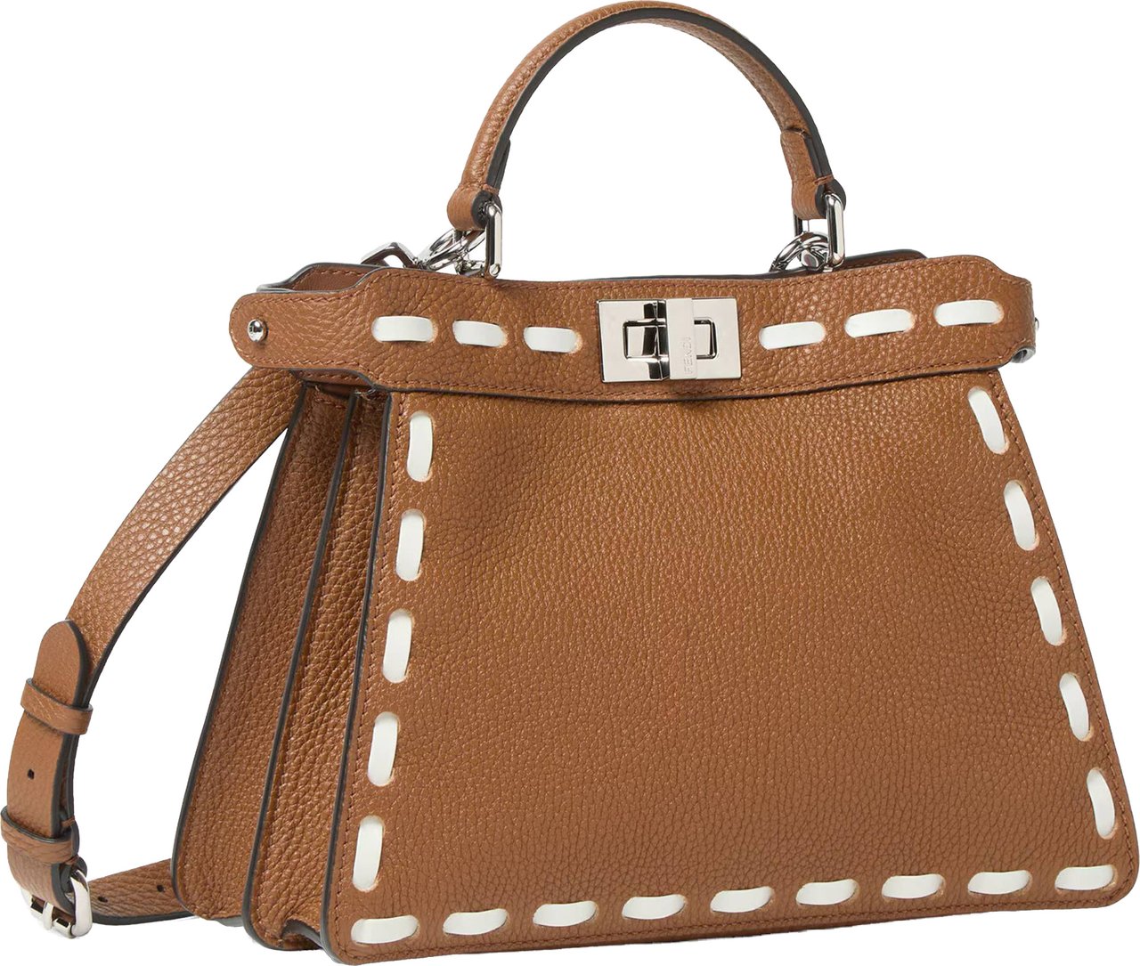 Fendi Trapezoidal Leather Handbag with Stitched Detailing and Silver-tone Closure Bruin