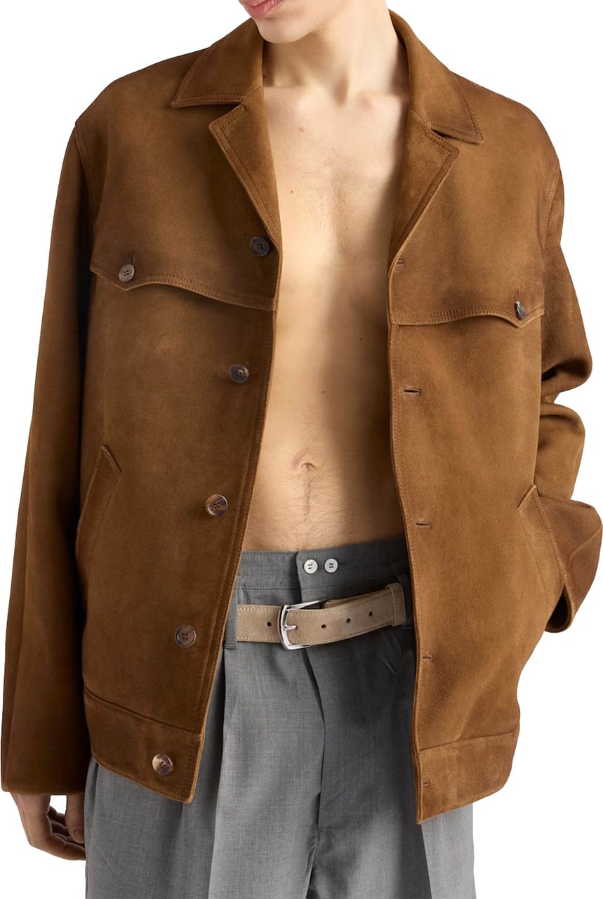 Prada Blouson Straight-Cut Lambskin Suede Jacket Bruin