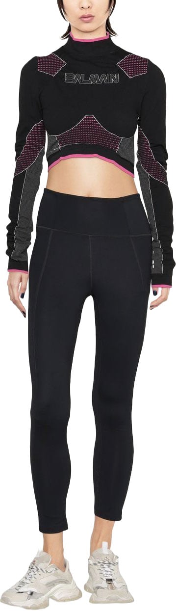 Balmain Black Seamless Jersey Cropped Polyamide Top Zwart