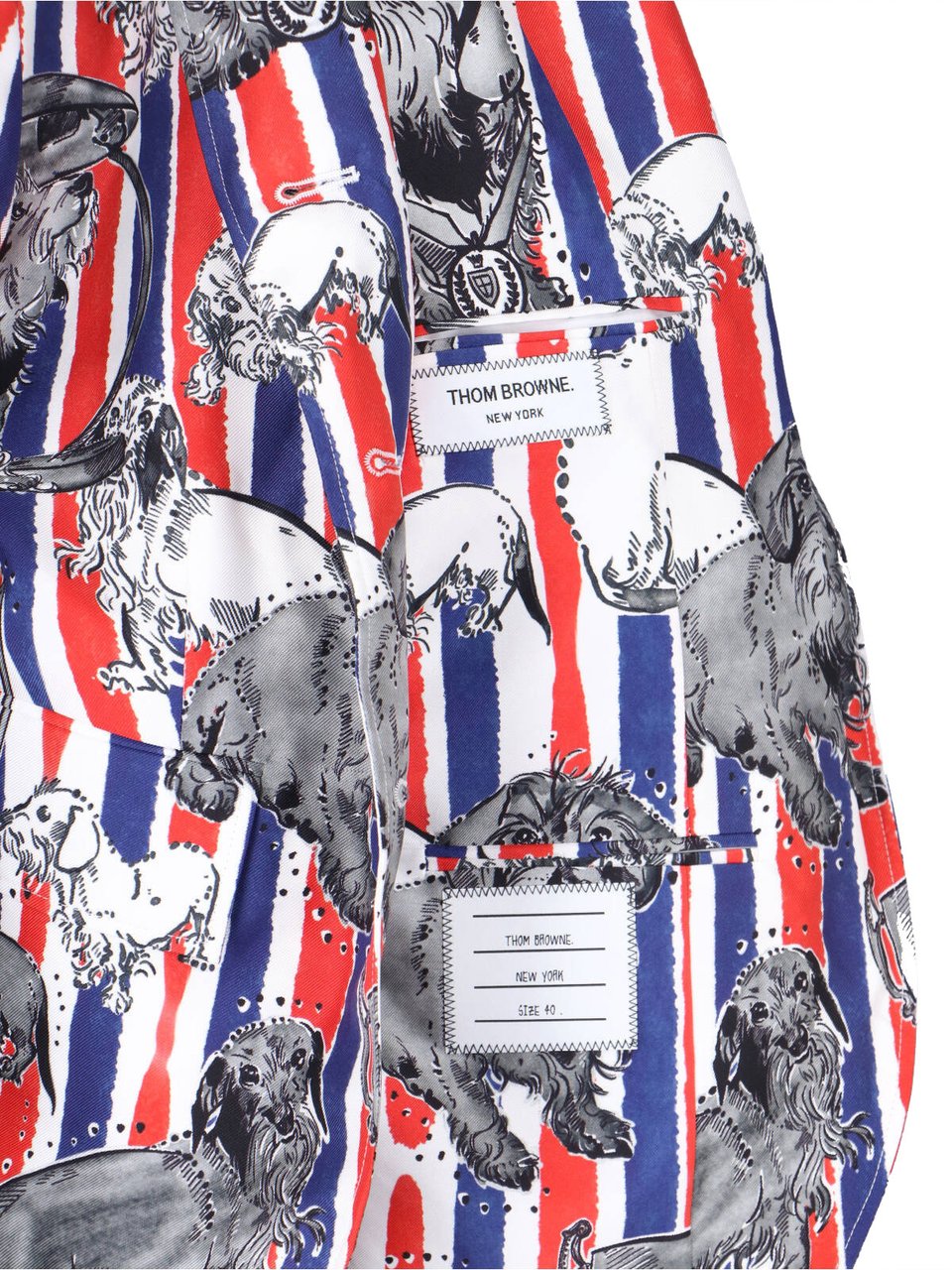 Thom Browne Multicolor Striped Dog Print Silk Blazer Blauw