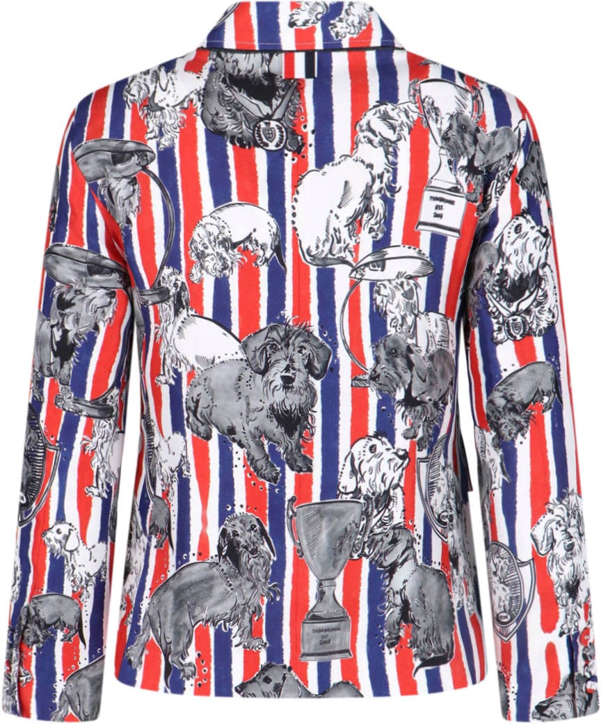Thom Browne Multicolor Striped Dog Print Silk Blazer Blauw