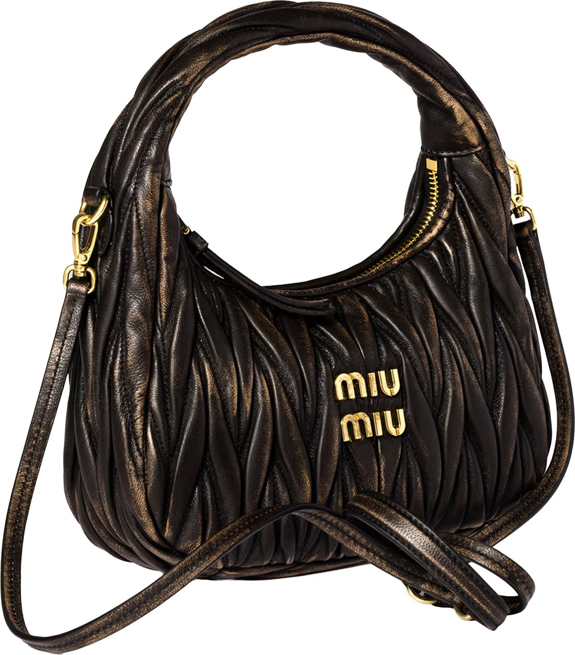 Miu Miu Black Hobo Wander Ruched Leather Handbag Zwart