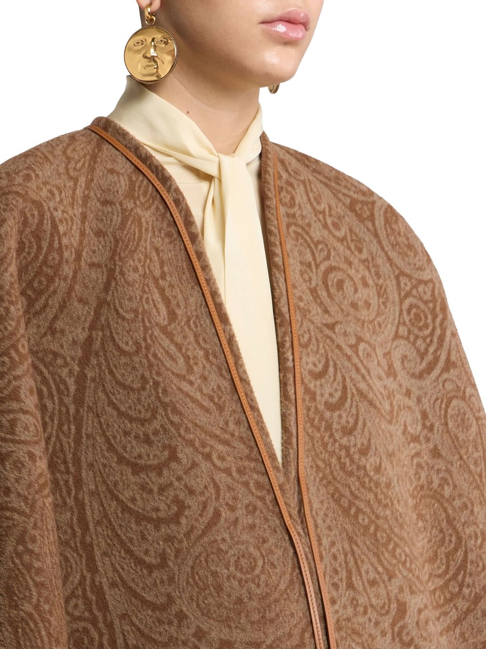 Etro Brown Paisley Pattern Cape with Leather Trim Bruin