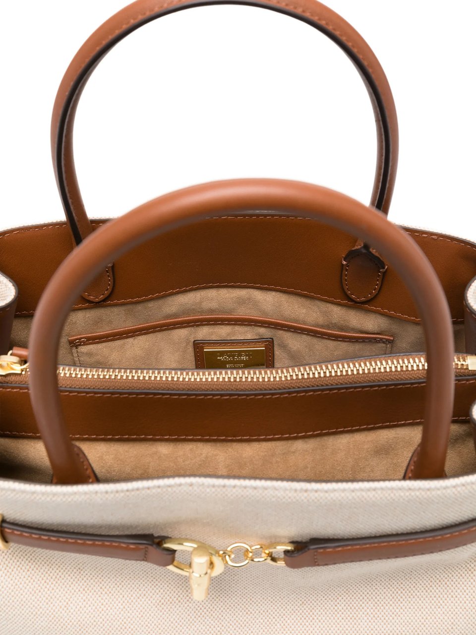Ralph Lauren Structured Beige Canvas Handbag with Brown Leather Accents Wit