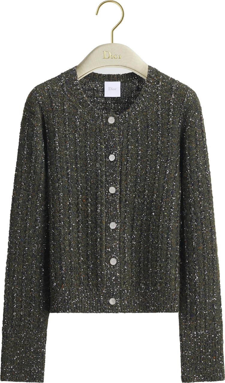 Dior Cropped Knit Cardigan With Textured Ribbing And Pearlescent Buttons Grijs
