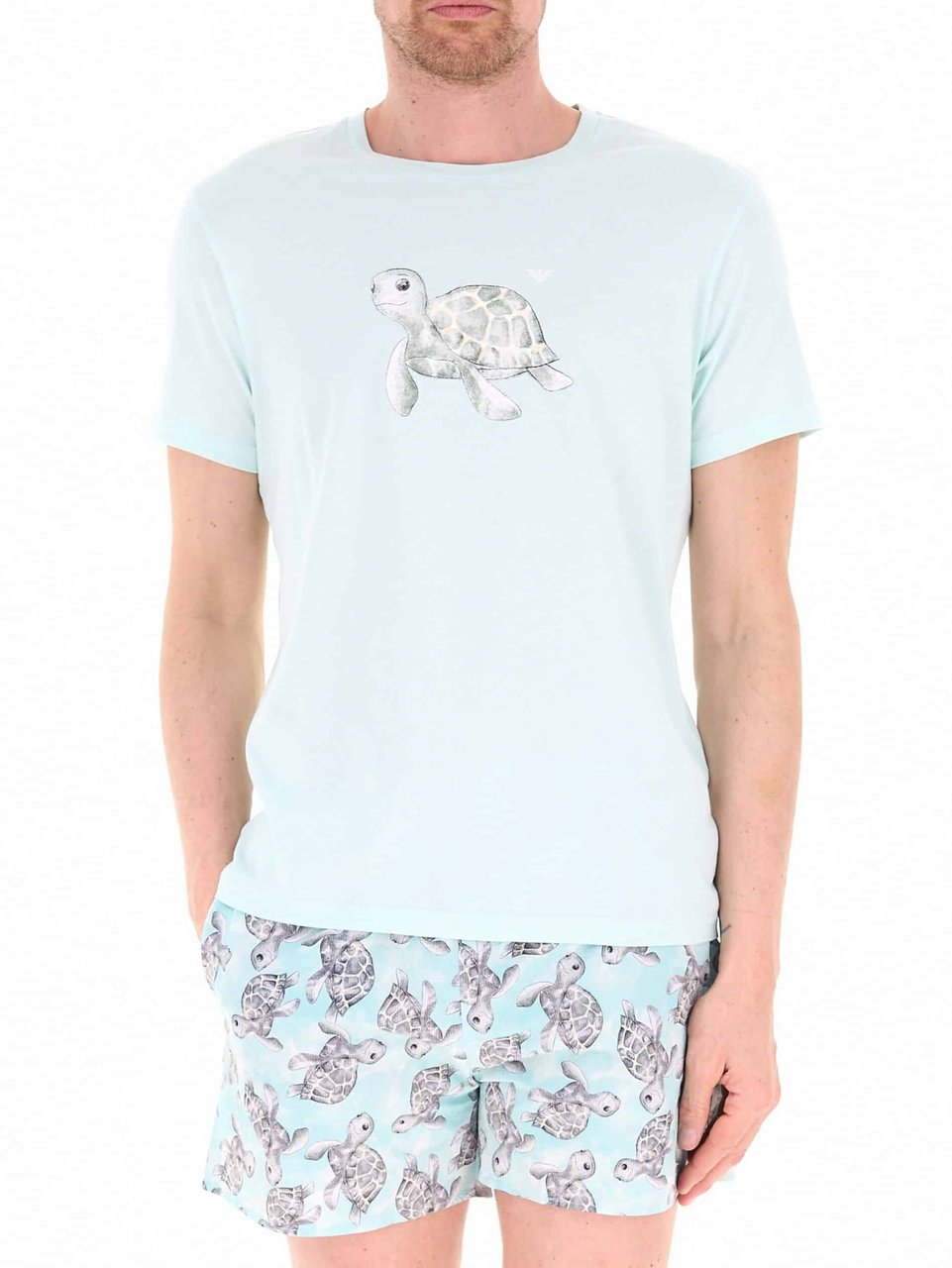 Emporio Armani Turtle Print Tee Aqua Blauw