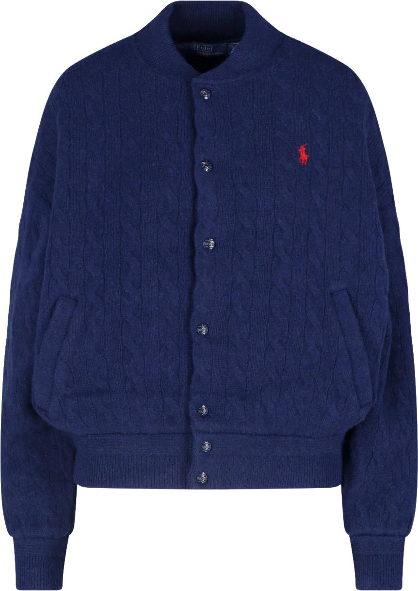 Ralph Lauren White Cropped Cable Knit Logo Jacket Blauw