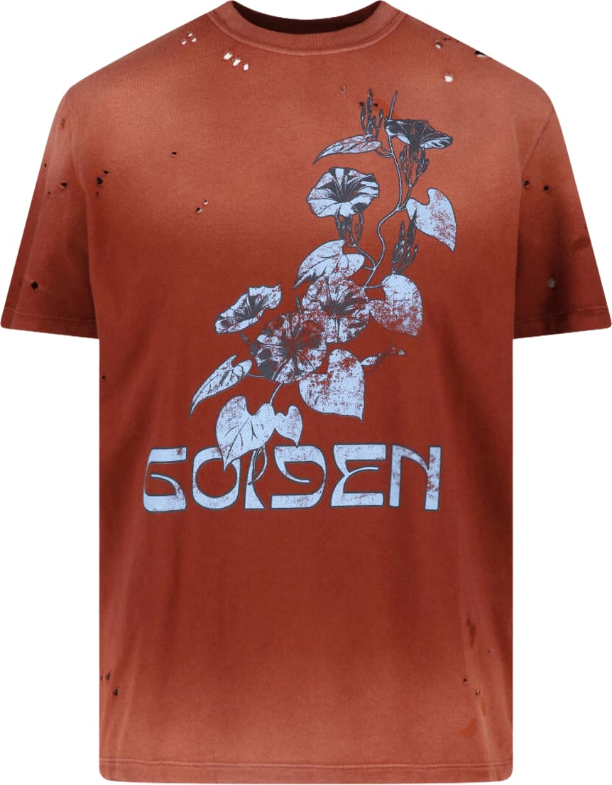 Golden Goose Red Distressed Contrast Print Cotton T-Shirt Bruin