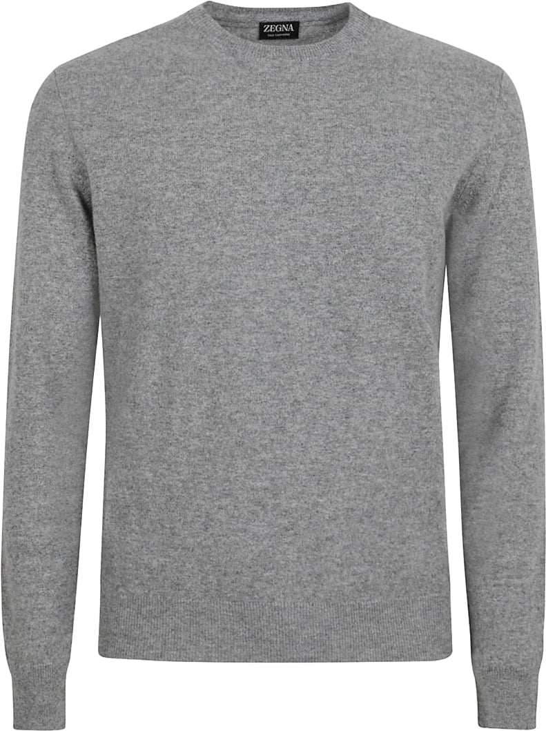 Zegna Crew Neck Cashmere Sweater With Ribbed Detailing Grijs