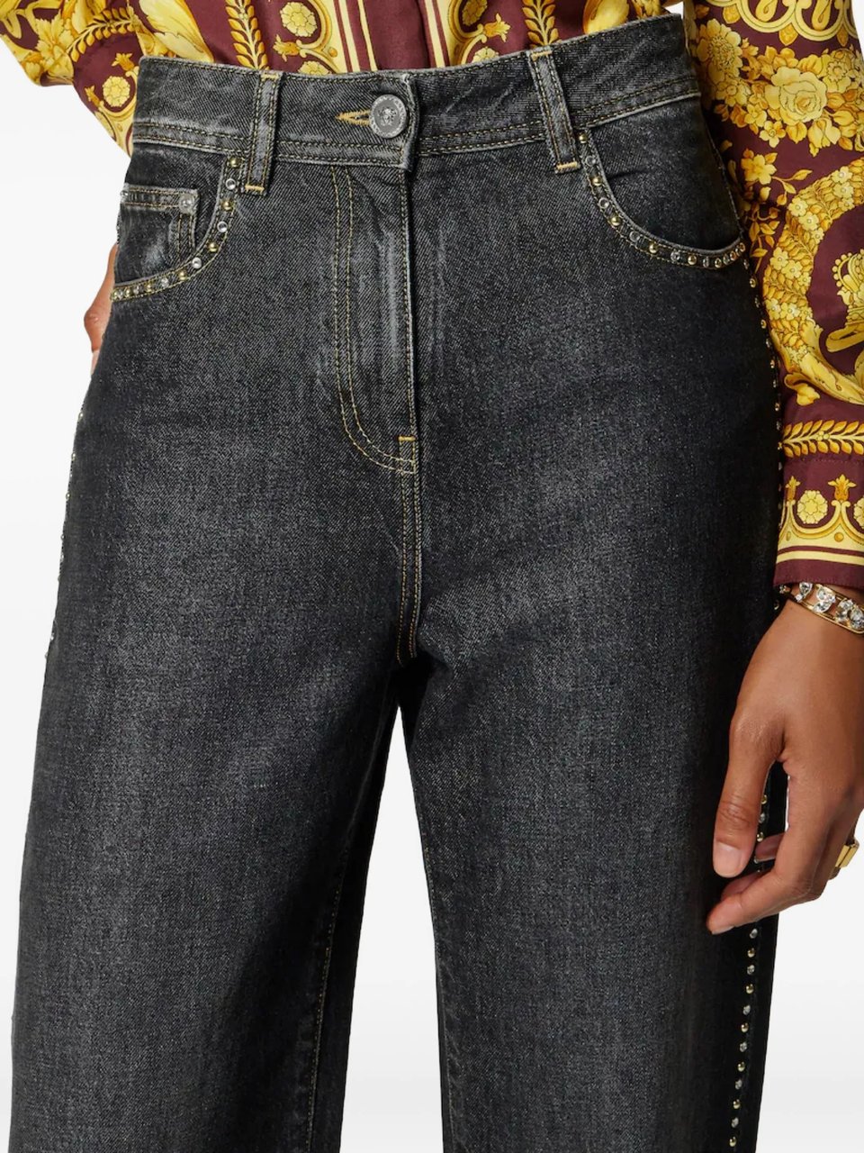 Versace Dark Washed Wide-Leg Studded Denim Jeans Zwart