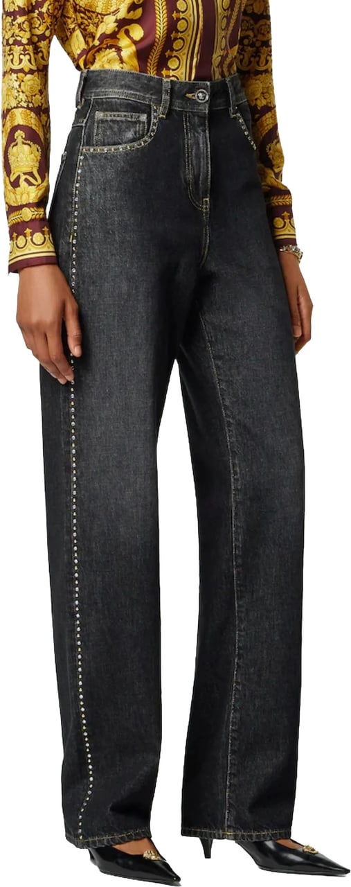 Versace Dark Washed Wide-Leg Studded Denim Jeans Zwart