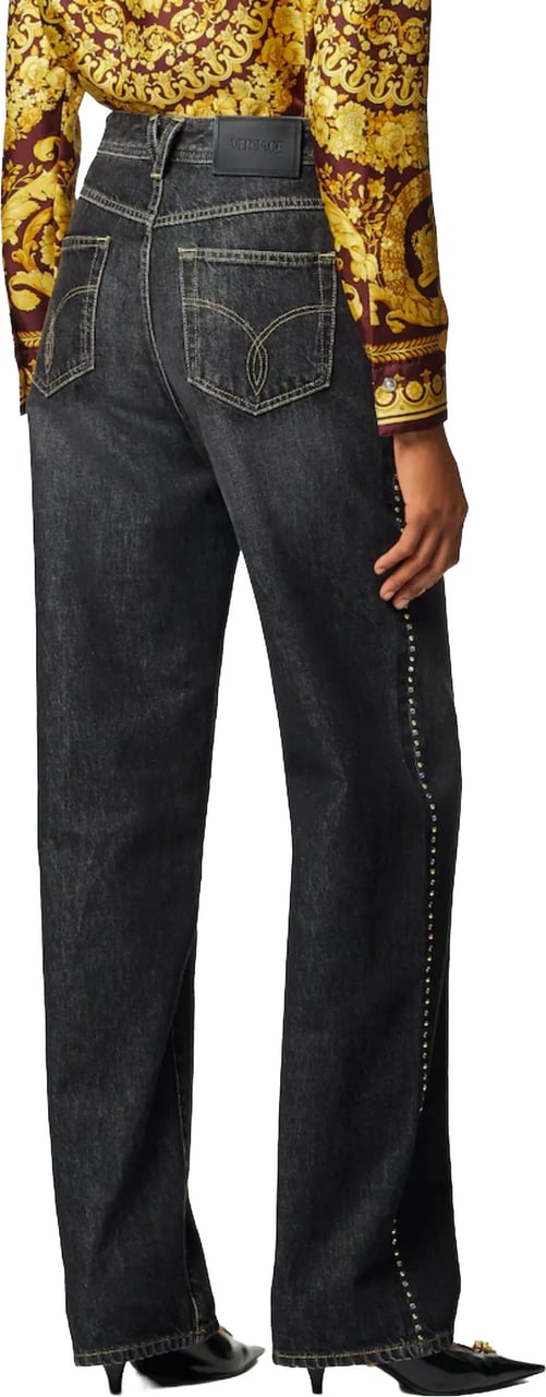 Versace Dark Washed Wide-Leg Studded Denim Jeans Zwart