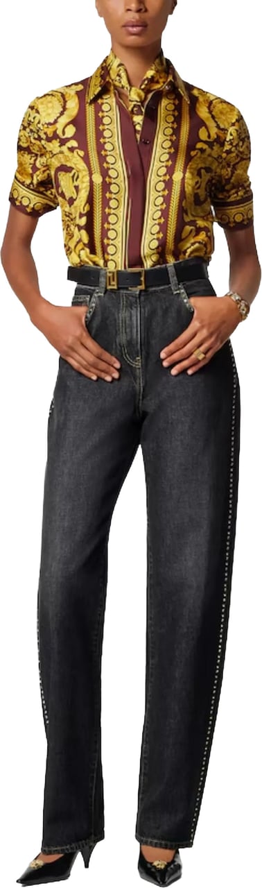 Versace Dark Washed Wide-Leg Studded Denim Jeans Zwart