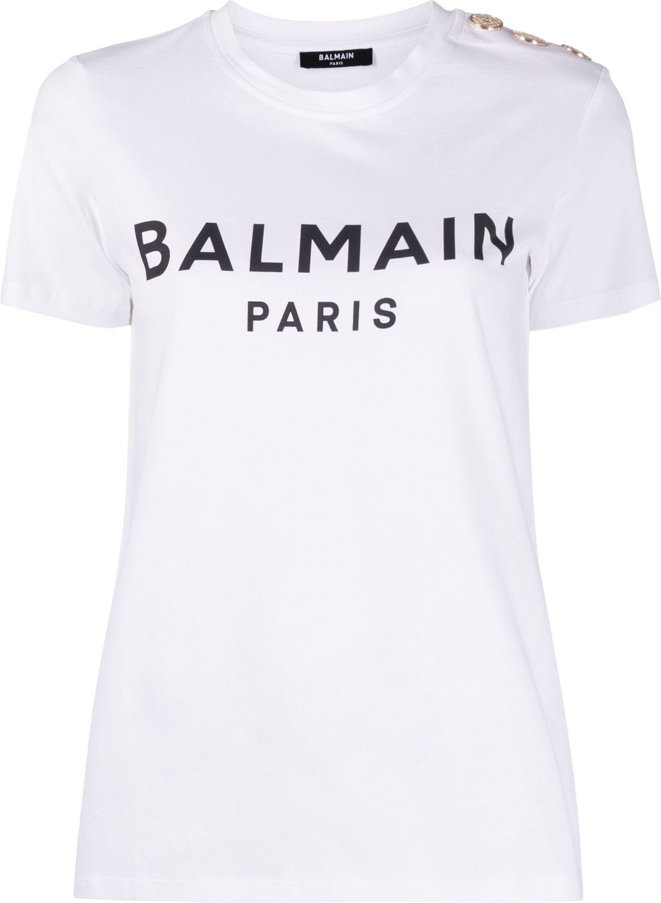 Balmain White T-Shirt Organic Gold Button T-Shirt Wit