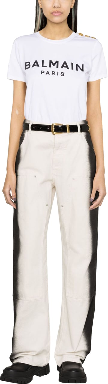 Balmain White T-Shirt Organic Gold Button T-Shirt Wit