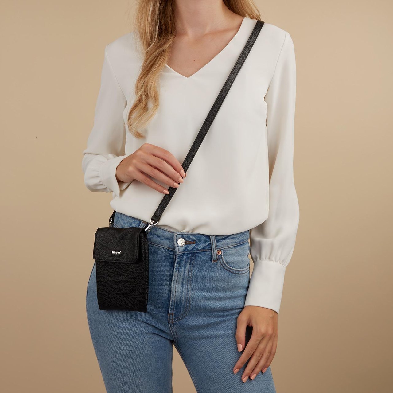 Abro Leer Telefoontasje Zwart