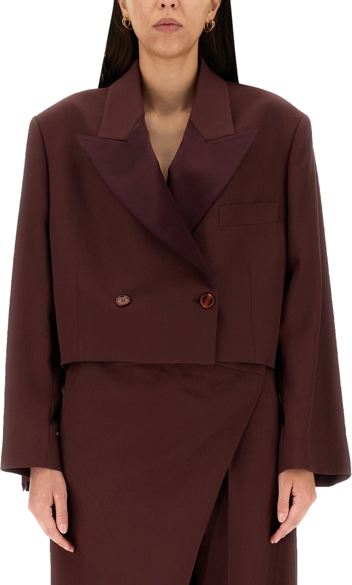 Acne Studios Cropped Brown Wool Blend Jacket With Peaked Lapels Zwart