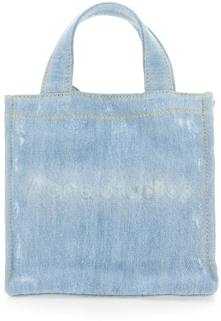 Acne Studios Mini Denim Shopper Bag With Tonal Logo Embossing Blauw