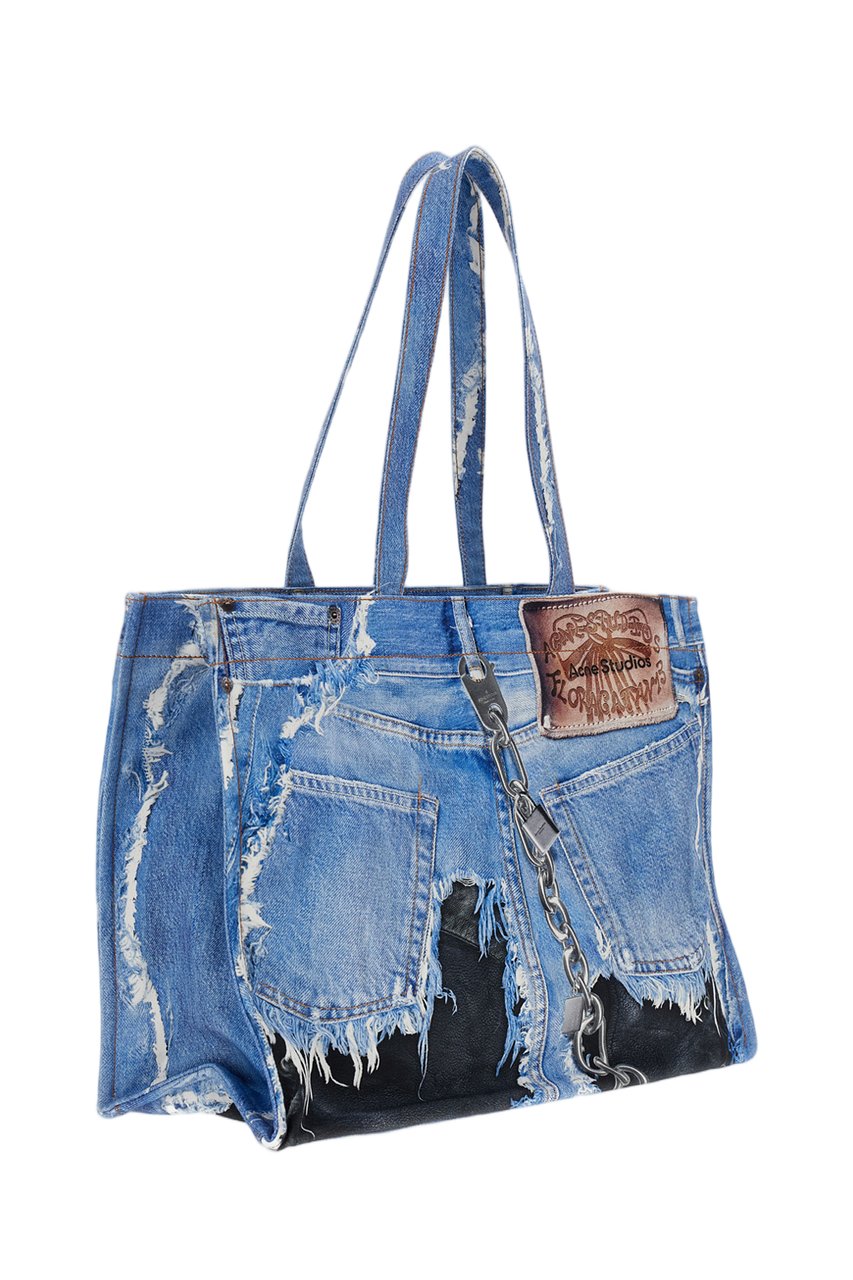 Acne Studios Distressed Denim Frayed Chain Accent Tote Bag Blauw