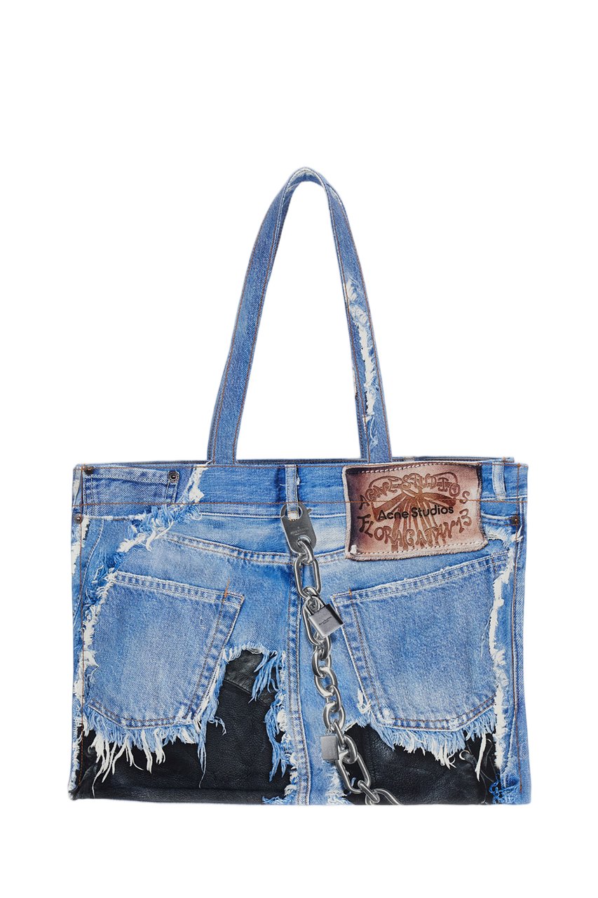 Acne Studios Distressed Denim Frayed Chain Accent Tote Bag Blauw