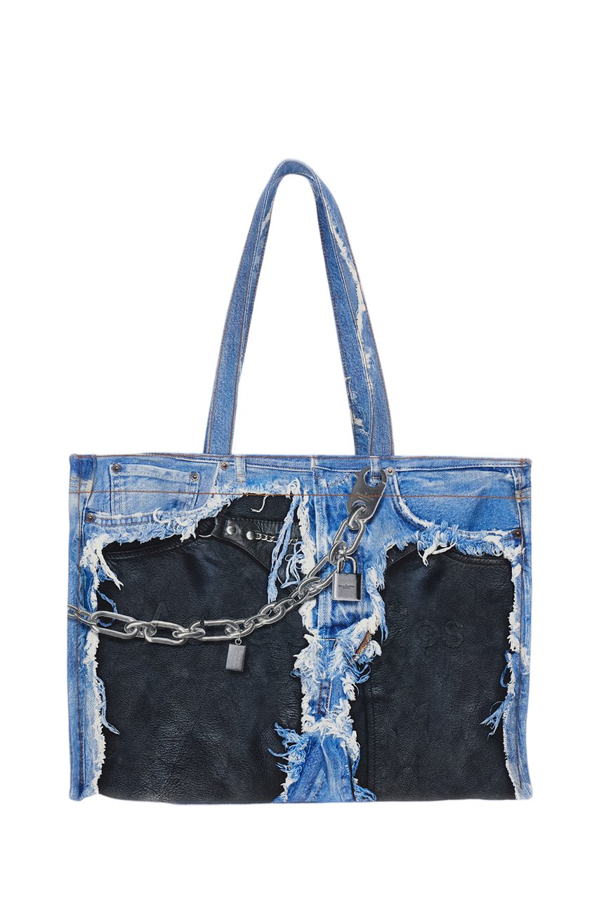 Acne Studios Distressed Denim Frayed Chain Accent Tote Bag Blauw