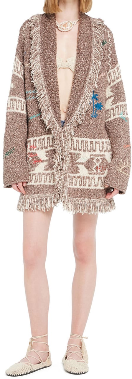 Alanui Textured Knit Cardigan with Shawl Collar and Artistic Embroidery Bruin