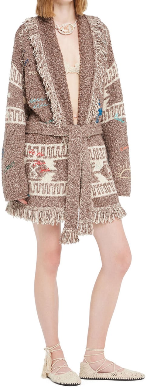 Alanui Textured Knit Cardigan with Shawl Collar and Artistic Embroidery Bruin