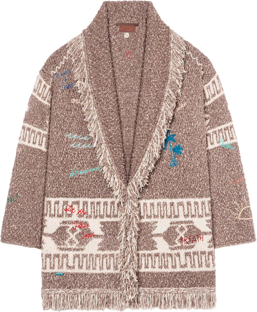 Alanui Textured Knit Cardigan with Shawl Collar and Artistic Embroidery Bruin
