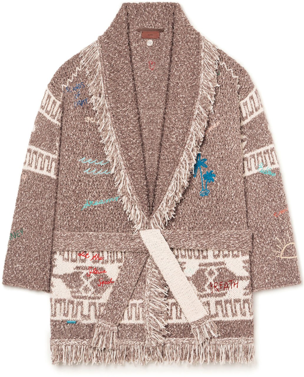 Alanui Textured Knit Cardigan with Shawl Collar and Artistic Embroidery Bruin