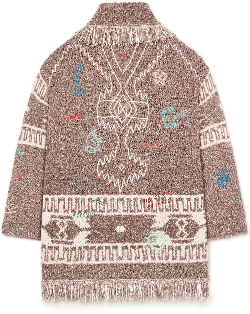 Alanui Textured Knit Cardigan with Shawl Collar and Artistic Embroidery Bruin