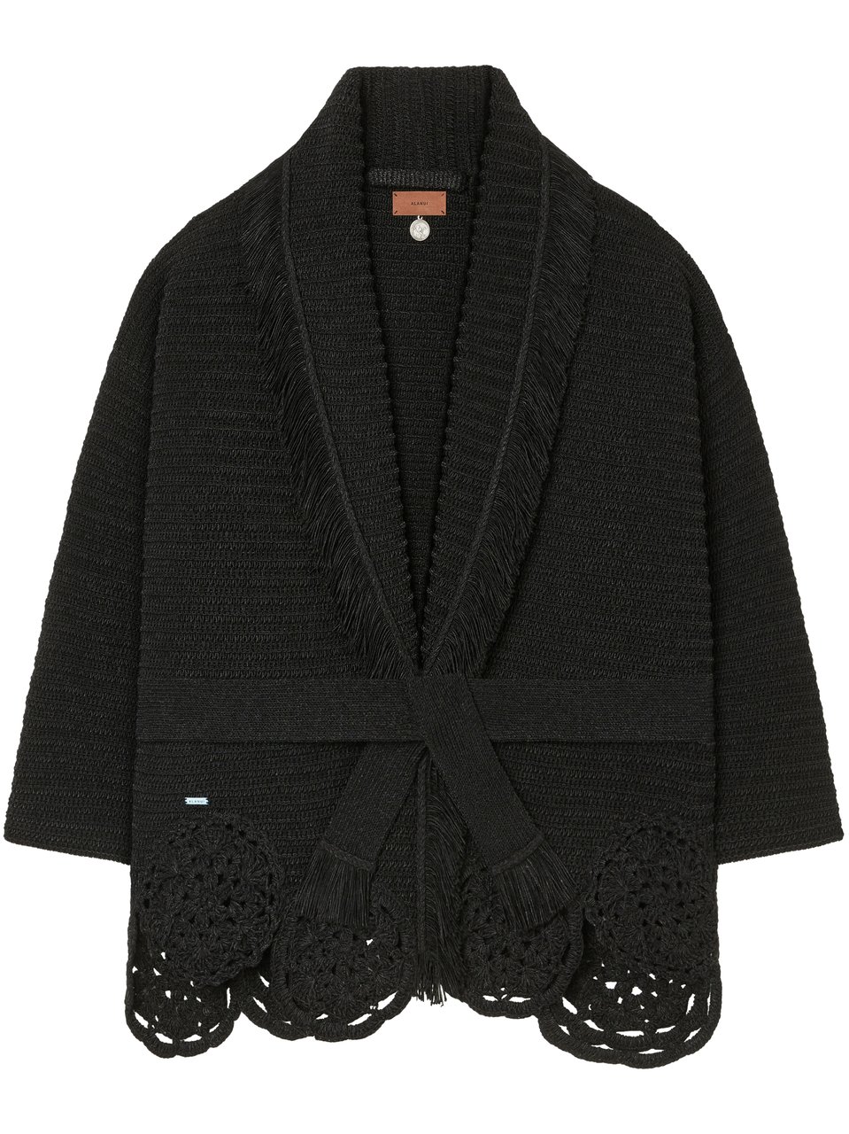 Alanui Textured Knit Cardigan with Fringe and Crochet Detail Zwart