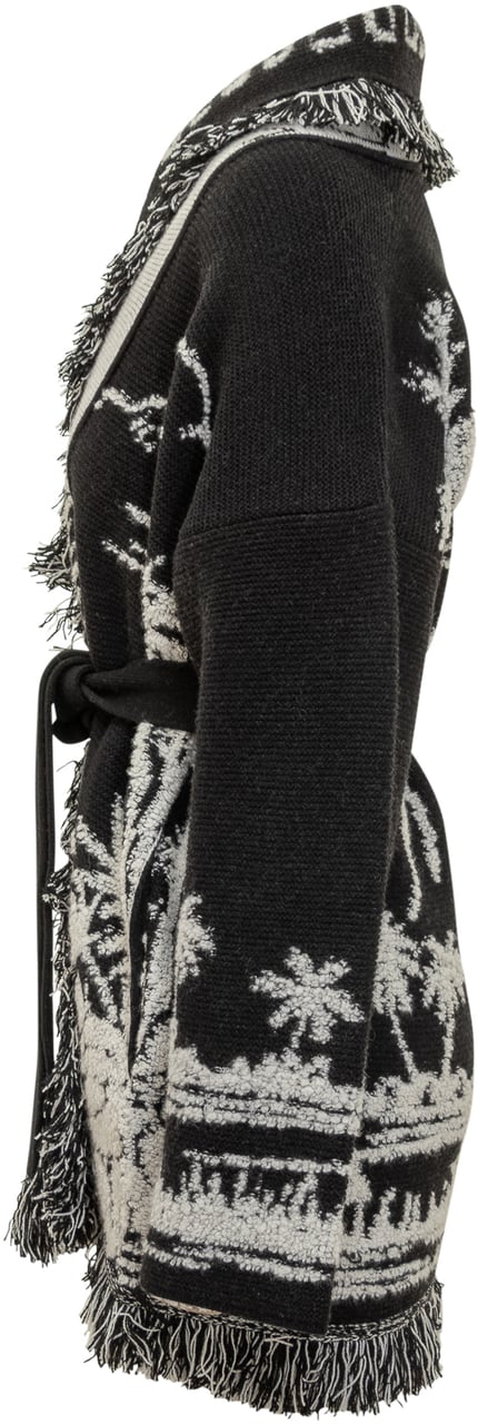 Alanui Alanui Cardigan Nero con Motivo Tropicale e Frange Zwart