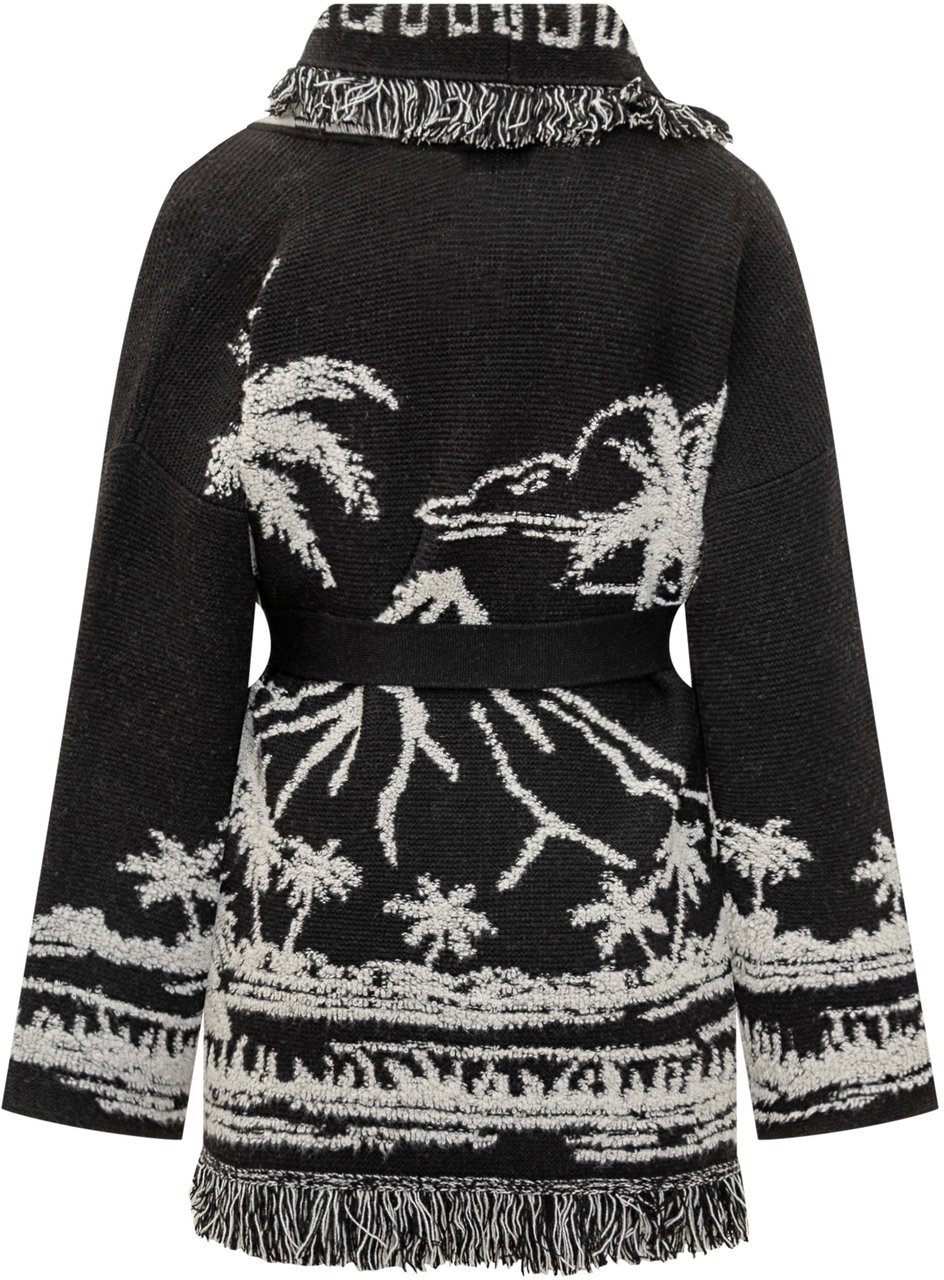 Alanui Alanui Cardigan Nero con Motivo Tropicale e Frange Zwart