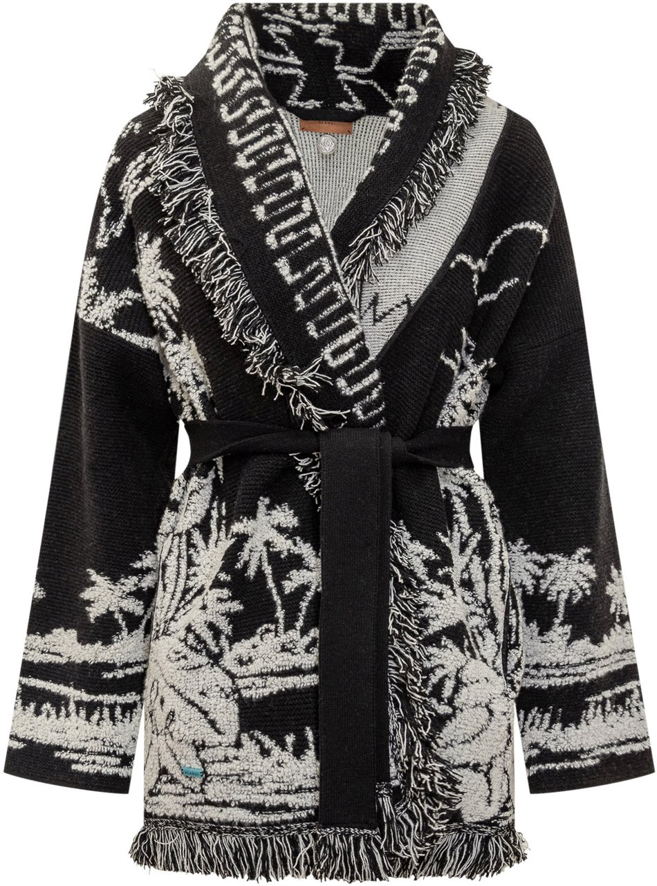 Alanui Alanui Cardigan Nero con Motivo Tropicale e Frange Zwart