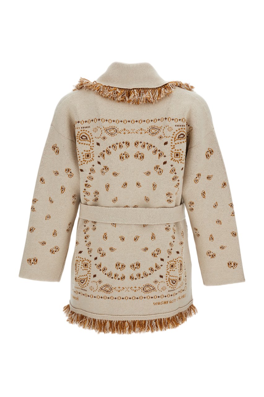 Alanui Beige Bandana Jacquard Fringed Cashmere Cardigan Neutraal