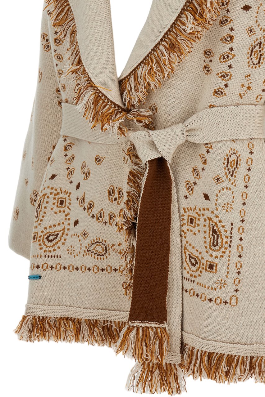 Alanui Beige Bandana Jacquard Fringed Cashmere Cardigan Neutraal