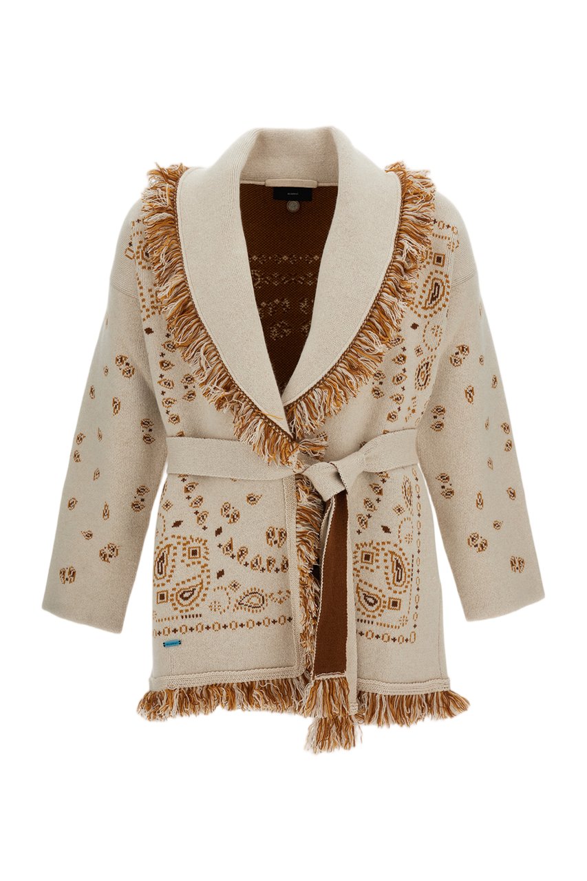 Alanui Beige Bandana Jacquard Fringed Cashmere Cardigan Neutraal