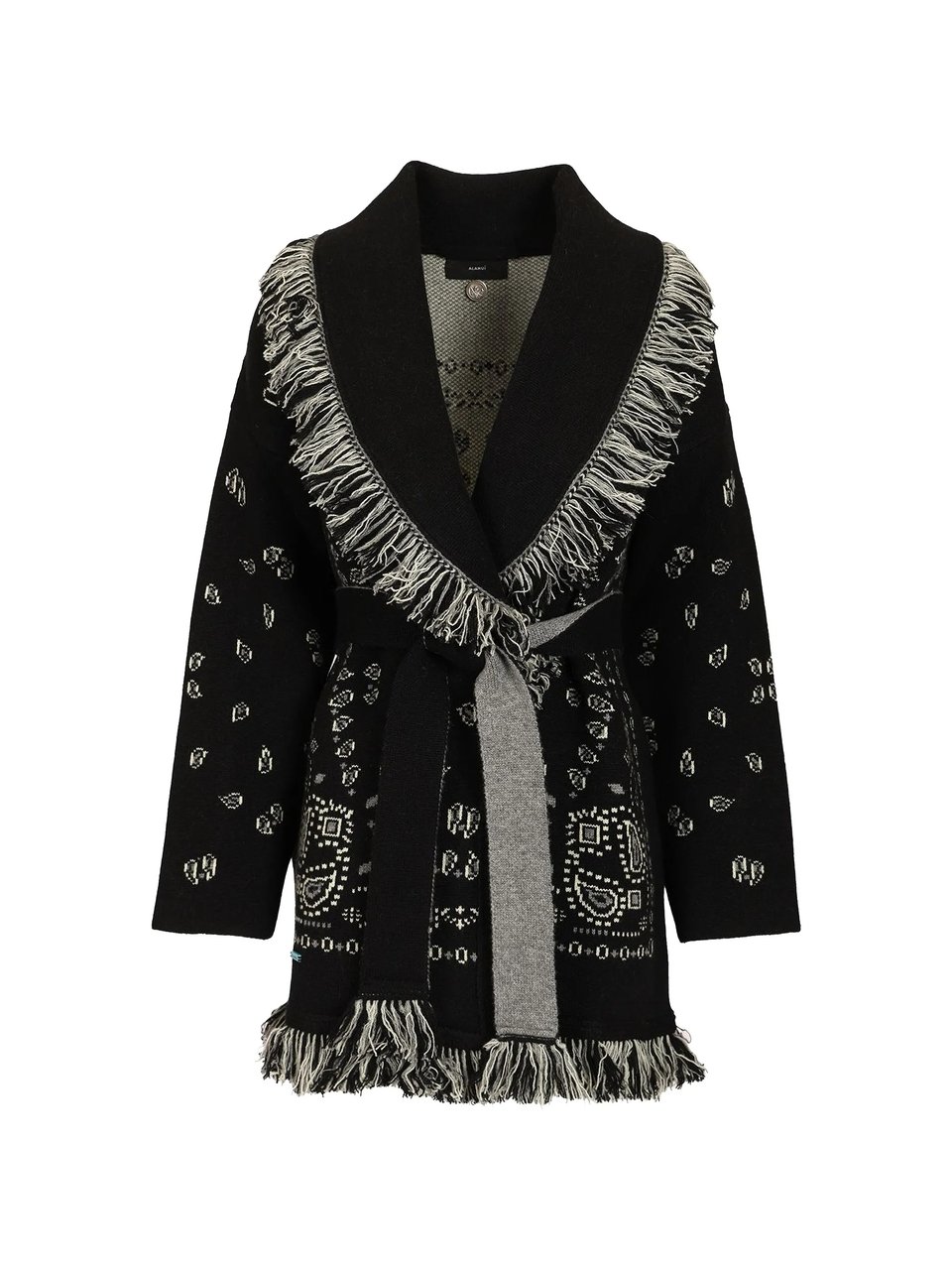 Alanui Fringed Bandana Jacquard Cardigan with Shawl Collar Zwart
