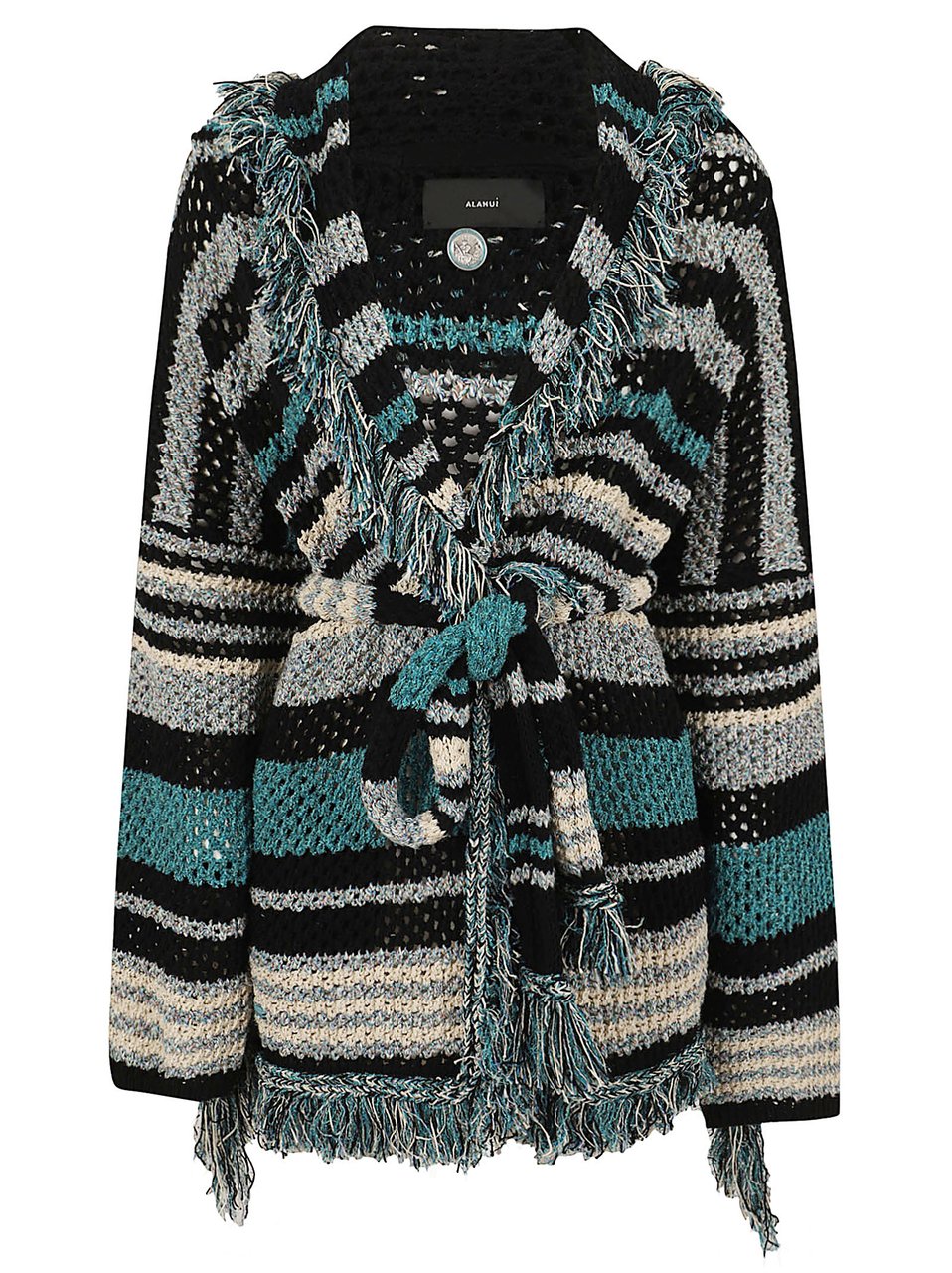 Alanui Chunky Knit Striped Cardigan with Fringed Trim Zwart