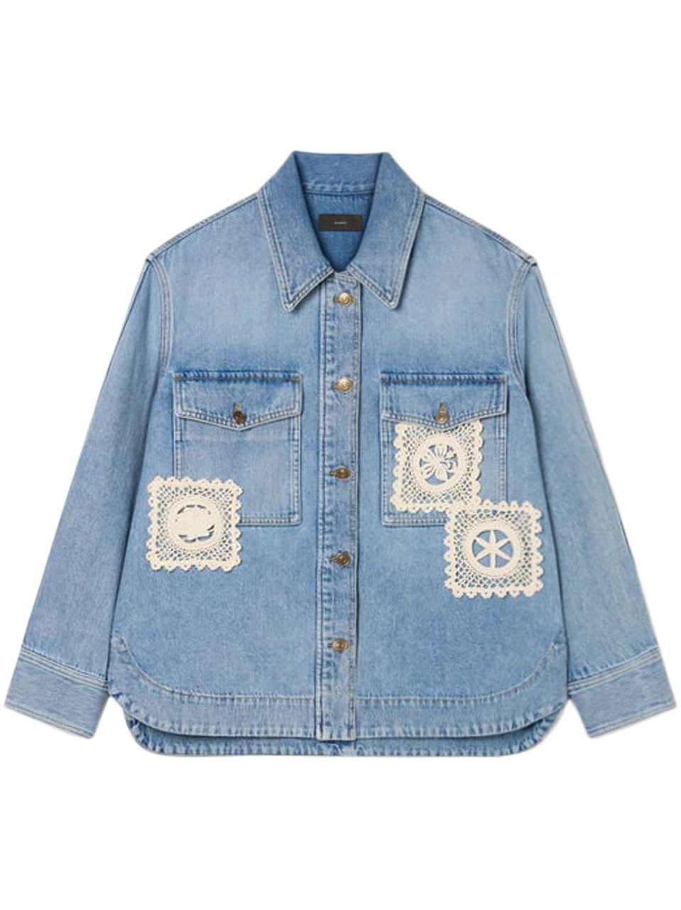 Alanui Light Blue Denim Overshirt with Crochet Lace Accents Grijs