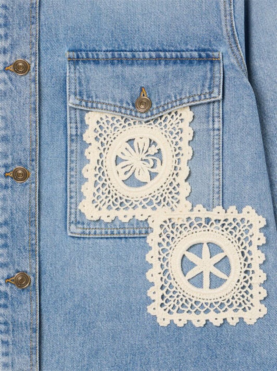 Alanui Light Blue Denim Overshirt with Crochet Lace Accents Grijs