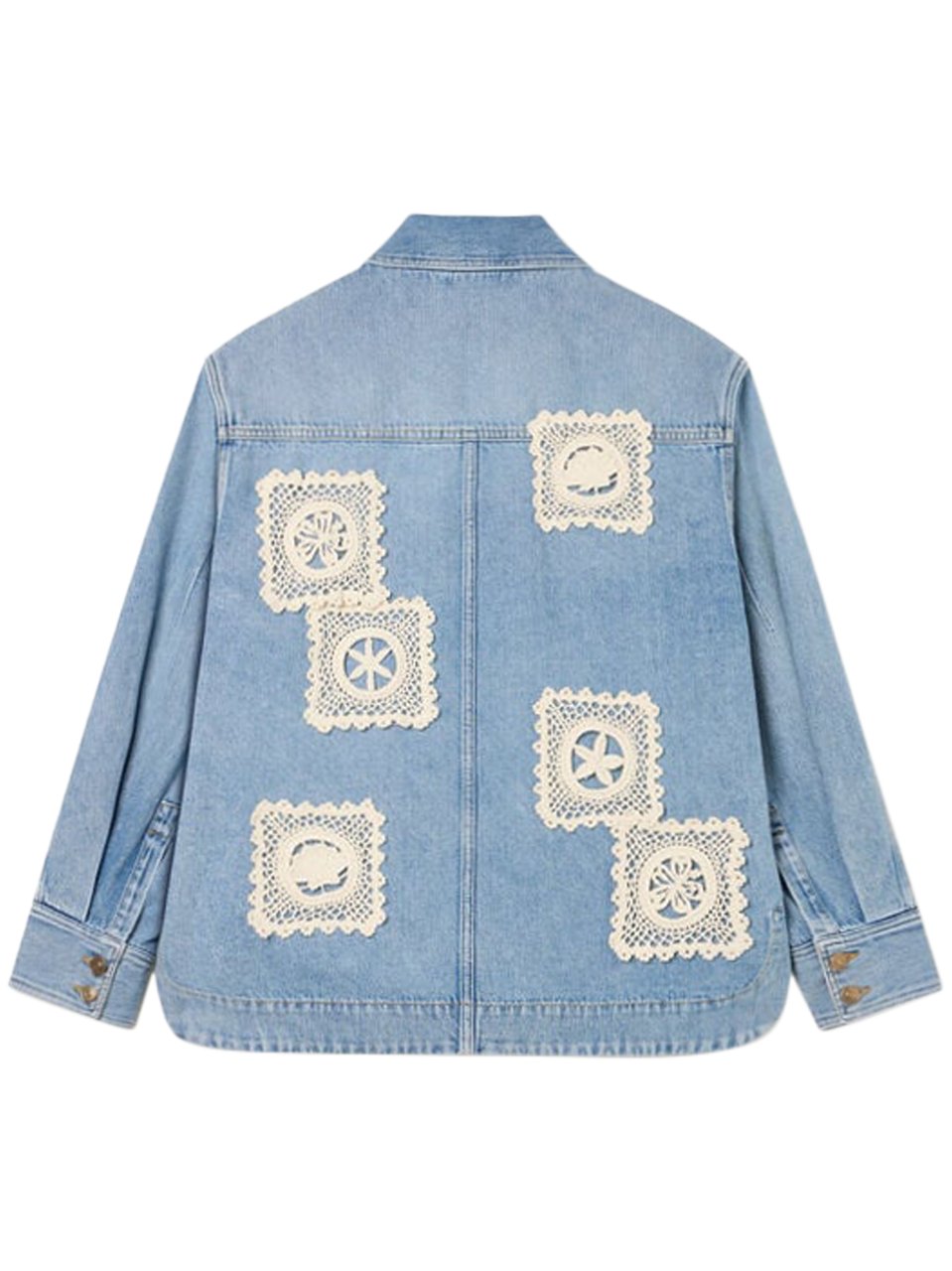 Alanui Light Blue Denim Overshirt with Crochet Lace Accents Grijs