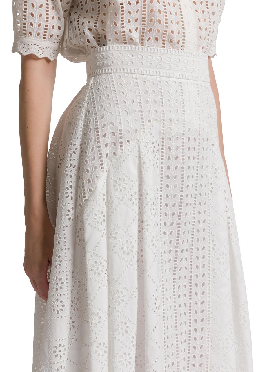 Alberta Ferretti Eyelet Embroidered White Midi Skirt with High Waistband Wit