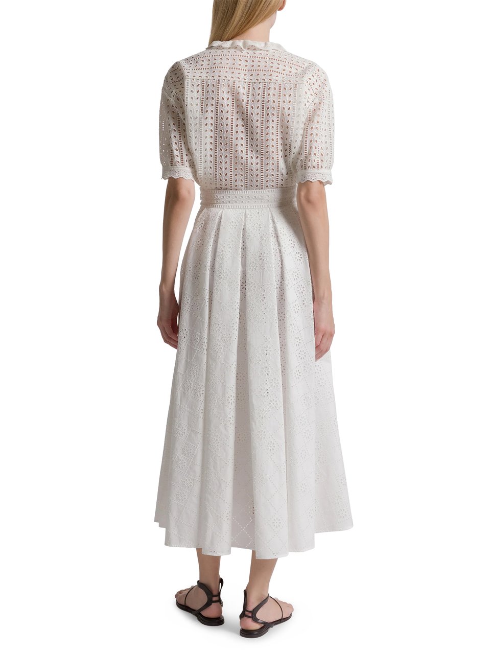 Alberta Ferretti Eyelet Embroidered White Midi Skirt with High Waistband Wit