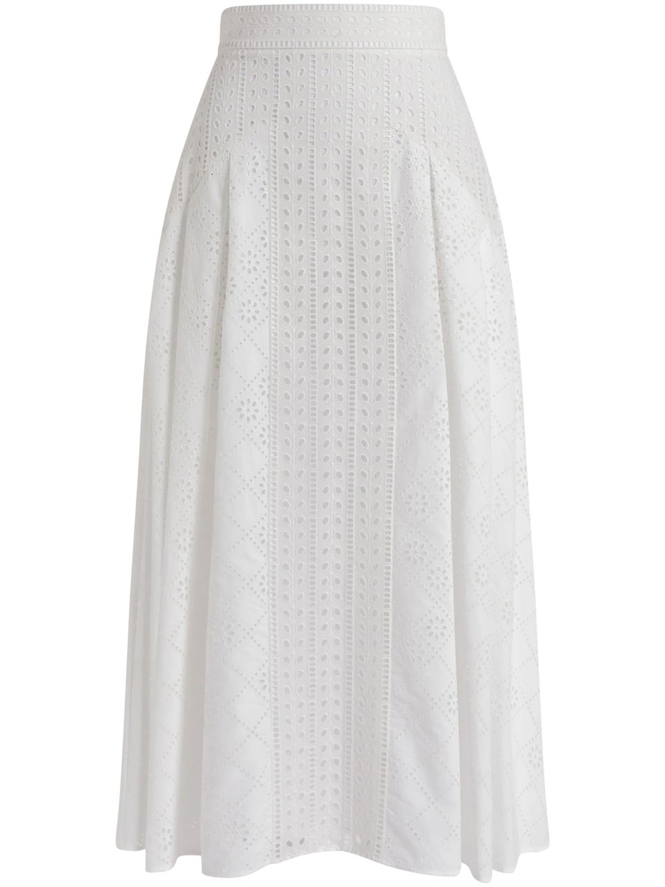 Alberta Ferretti Eyelet Embroidered White Midi Skirt with High Waistband Wit