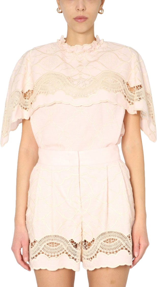 Alberta Ferretti Embroidered Cape Top Neutraal
