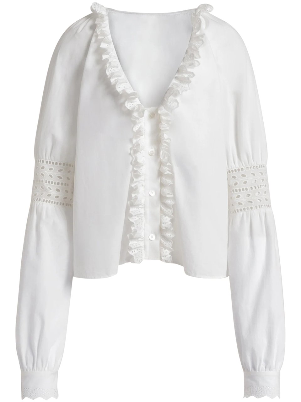 Alberta Ferretti Cropped White Blouse with Ruffled V-Neckline Wit