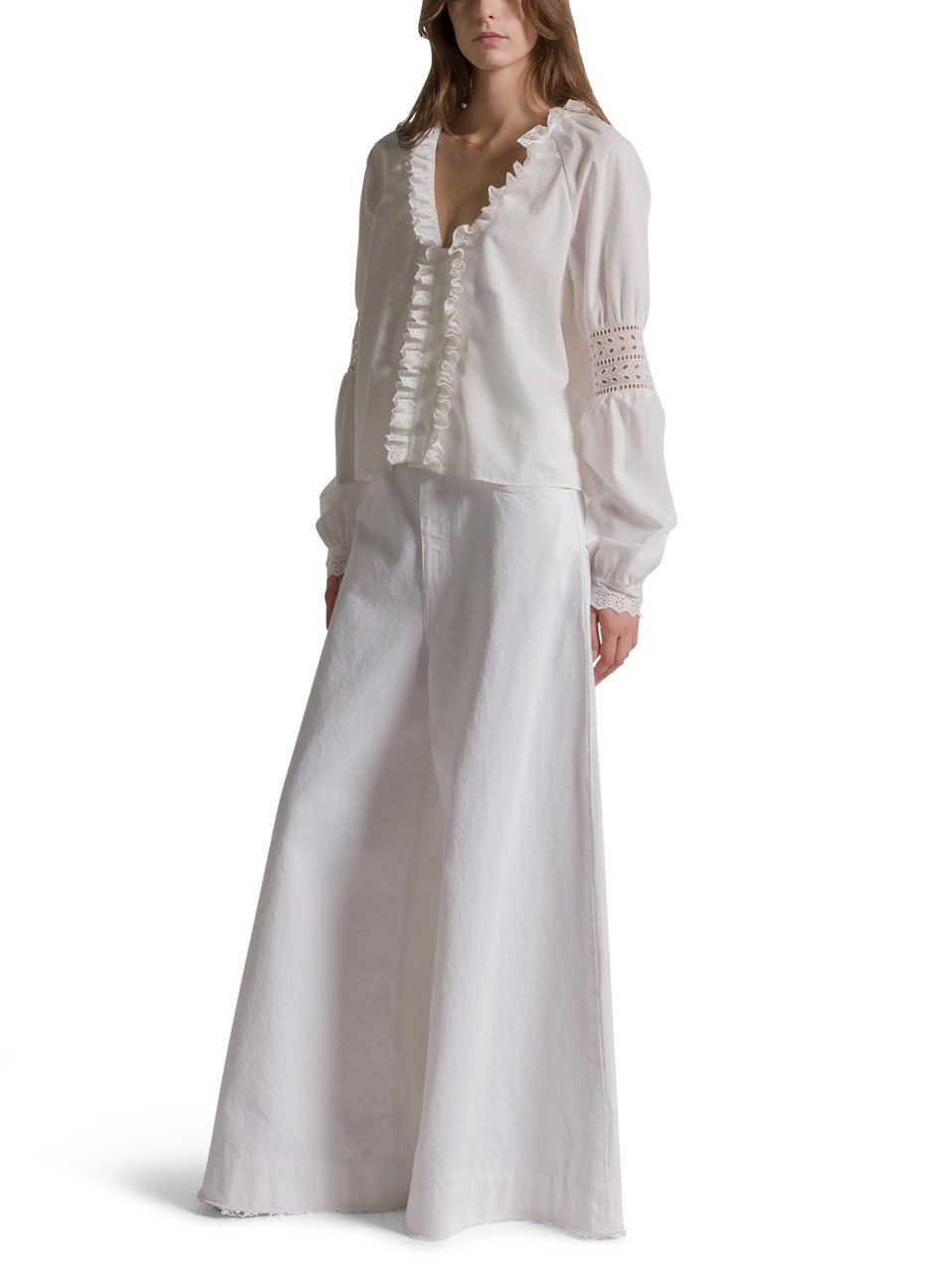 Alberta Ferretti Cropped White Blouse with Ruffled V-Neckline Wit