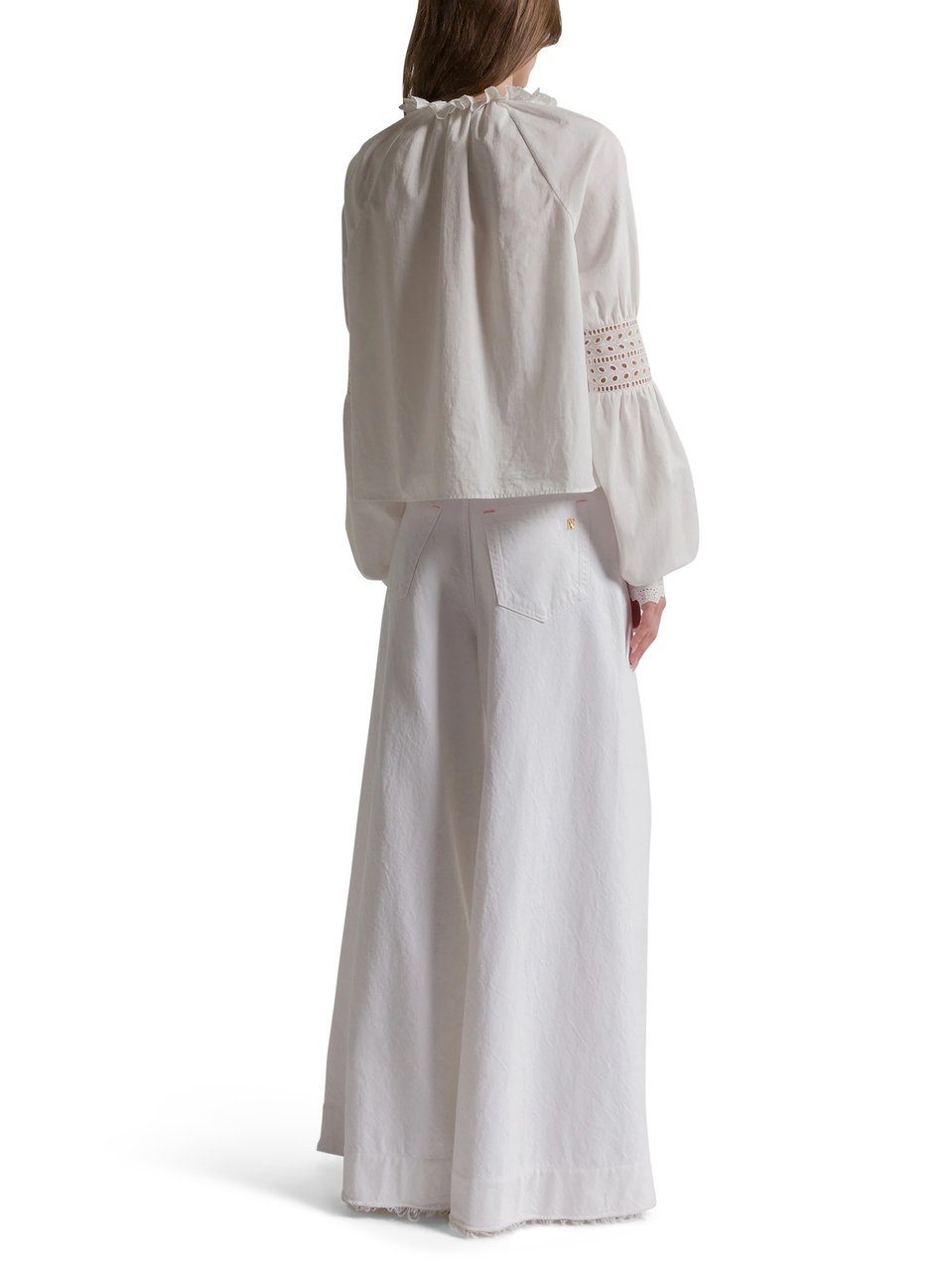 Alberta Ferretti Cropped White Blouse with Ruffled V-Neckline Wit